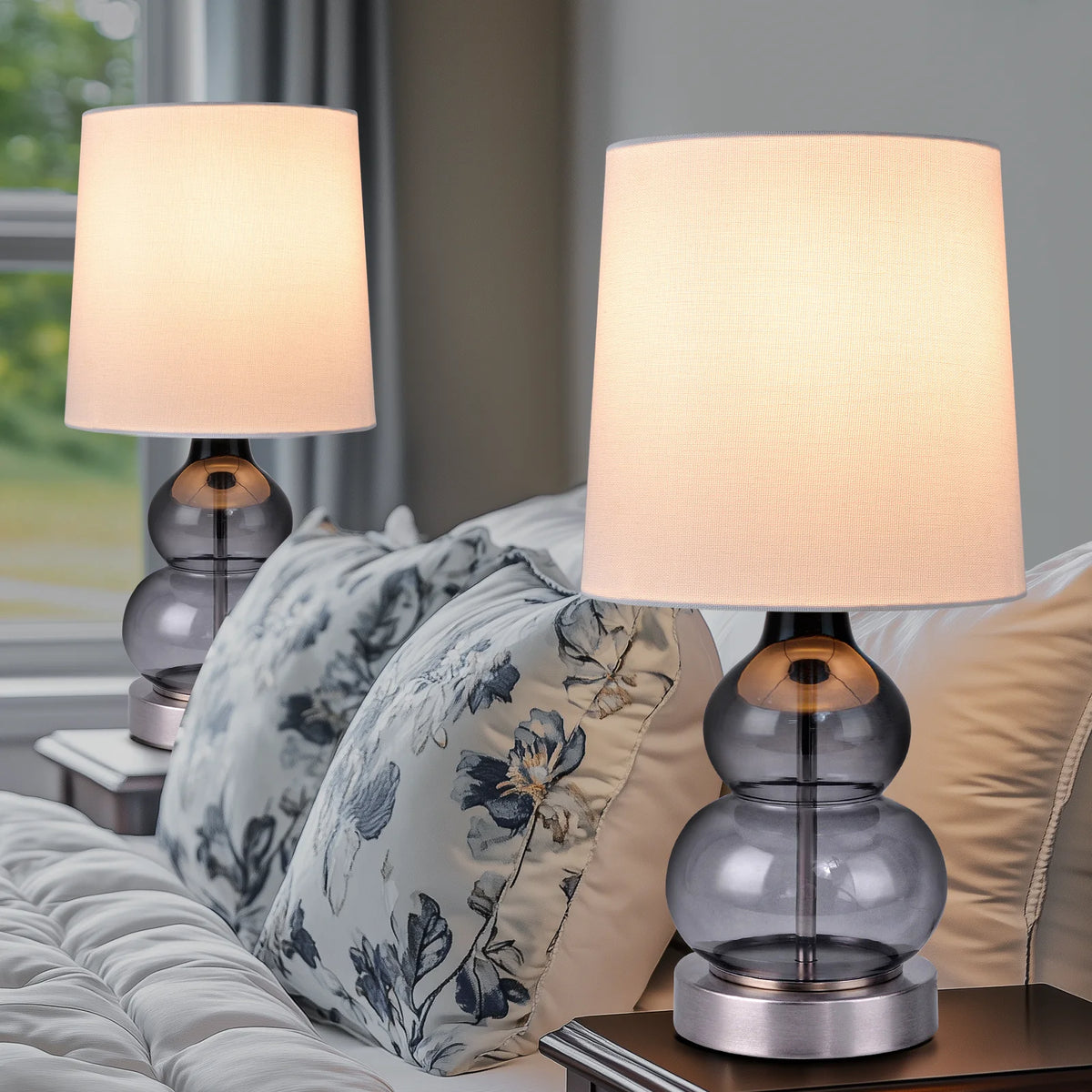 Lampe de chevet à pied double gourde en verre bleu ou gris, 44,4 cm