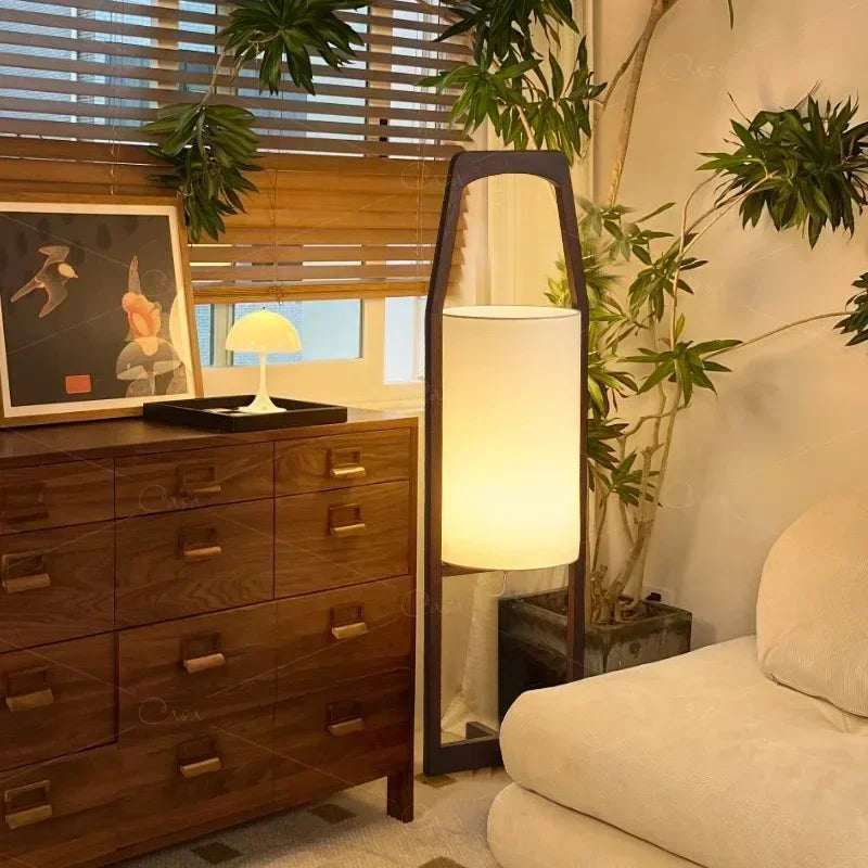 Lampadaire lanterne en bois d'hévéa et abat-jour en tissu, 58 à 100 cm