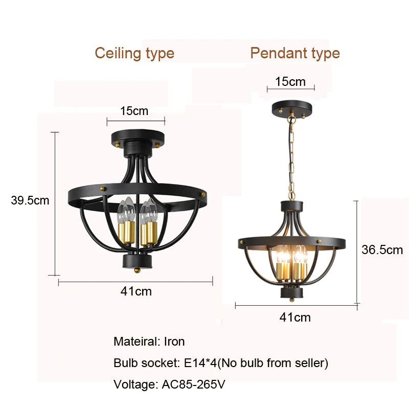 Lustre cage en fer noir à 4 bougies E14, suspendu ou plafonnier