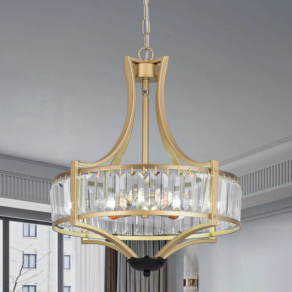 Lustre lanterne doré à couronne de prismes de cristal, Ø 40 cm