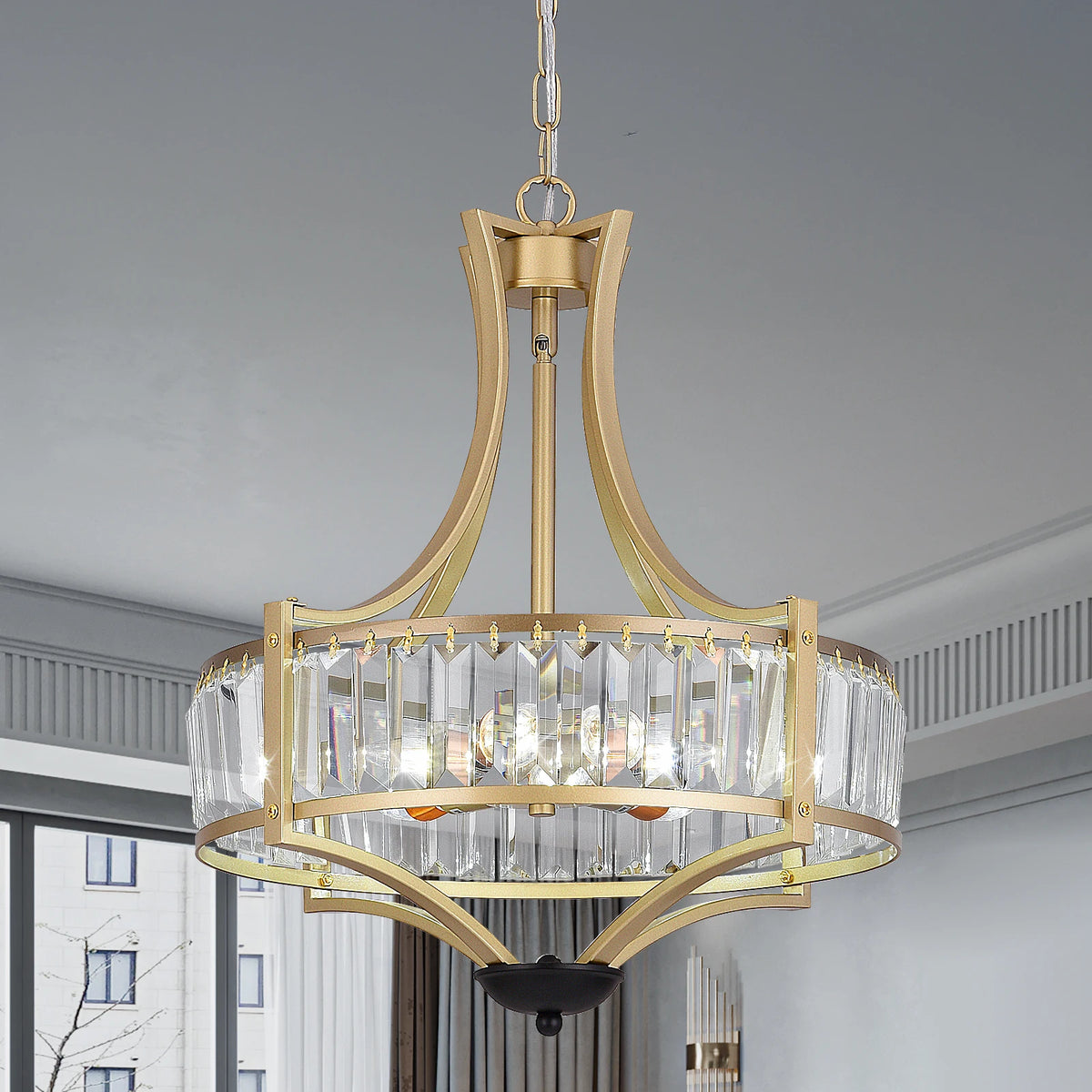 Lustre lanterne doré à couronne de prismes de cristal, Ø 40 cm