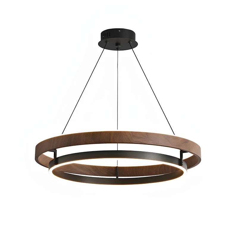 Suspension double anneau LED effet noyer, Ø 60 ou 80 cm