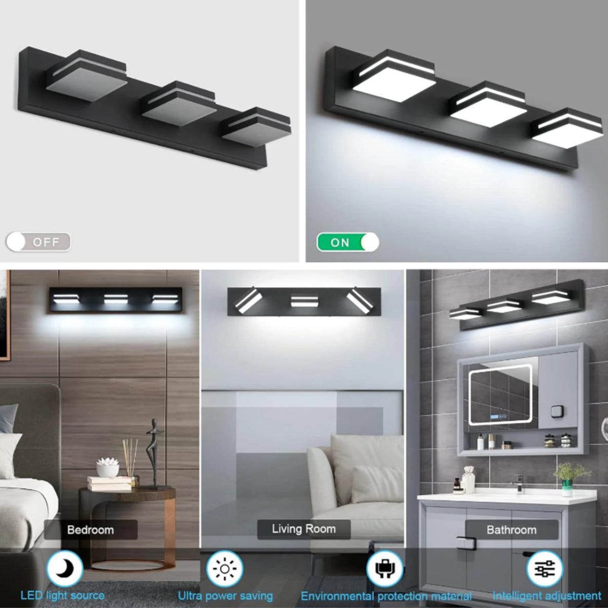 Applique murale LED noire à têtes carrées pivotantes sur 360°