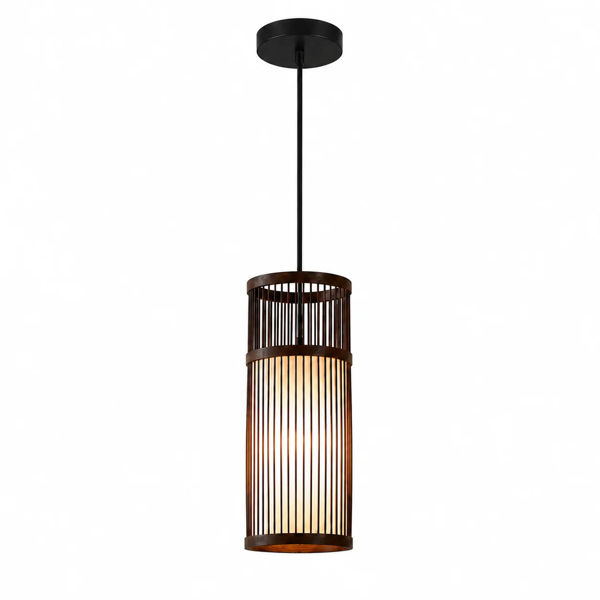 Suspension cylindrique en bambou brun façon lanterne japonaise