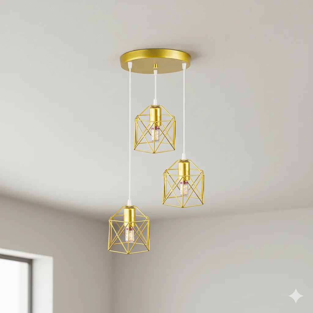 Suspension 3 lampes cages dorées, rosace ronde en cascade ou barre