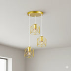 Suspension 3 lampes cages dorées, rosace ronde en cascade ou barre
