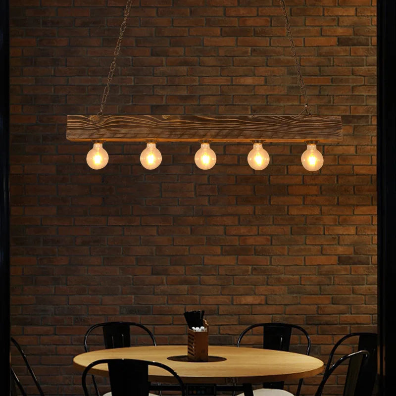 Lustre poutre en bois de 100 cm à 5 ampoules E27 apparentes