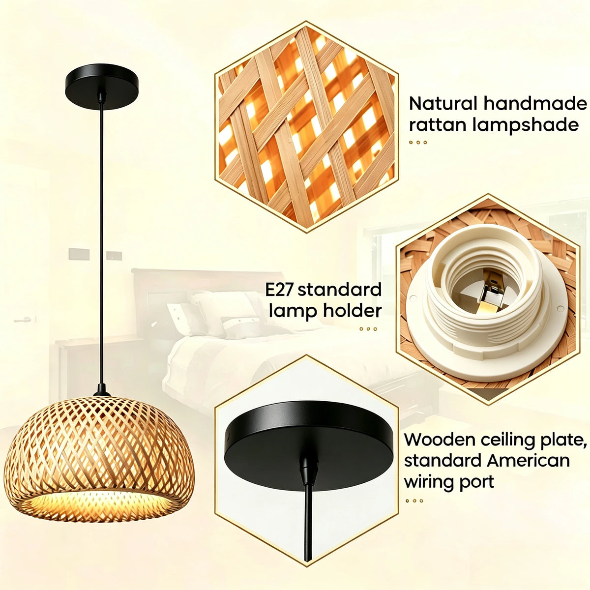 Suspension dôme en bambou tressé, Ø 30 à 58 cm, douille E27