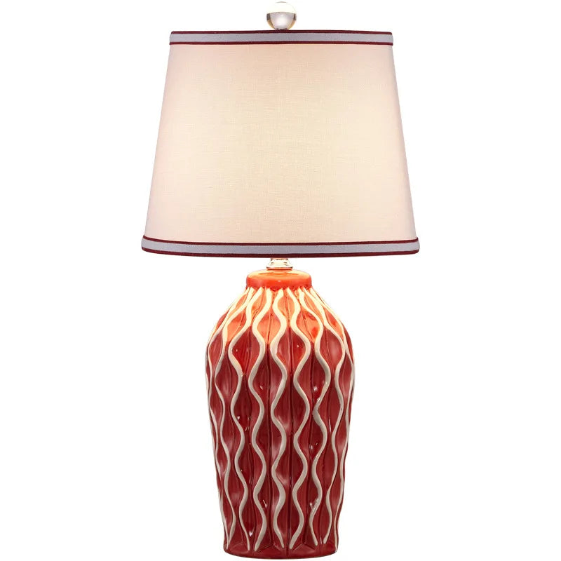 Lampe en céramique à reliefs ondulés, abat-jour en tissu, 50 cm