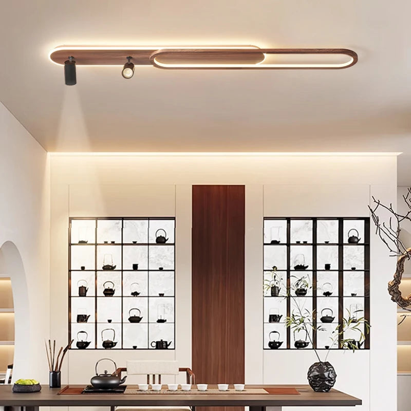 Plafonnier LED long finition noyer avec spots orientables, 60 à 120 cm