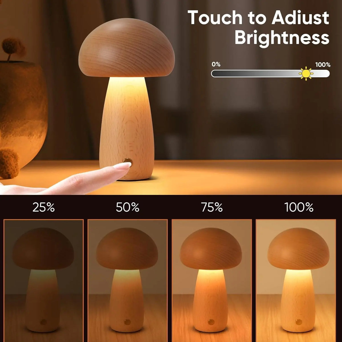 Lampe champignon en bois à variation continue, hêtre ou noyer