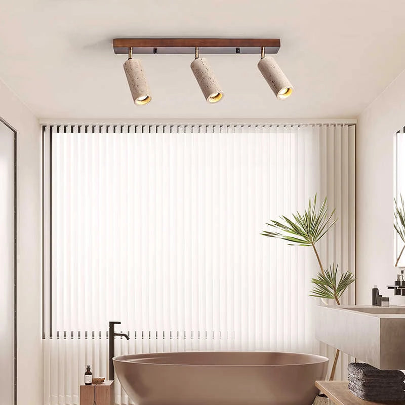Plafonnier spots orientables en travertin sur bois, E27, 1 ou 3 spots