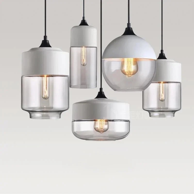 Suspension industrielle verre et chapeau noir ou effet bois, 4 formes