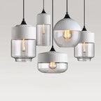 Suspension industrielle verre et chapeau noir ou effet bois, 4 formes
