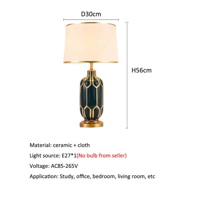 Lampe à poser en céramique vert émeraude et or, abat-jour plissé