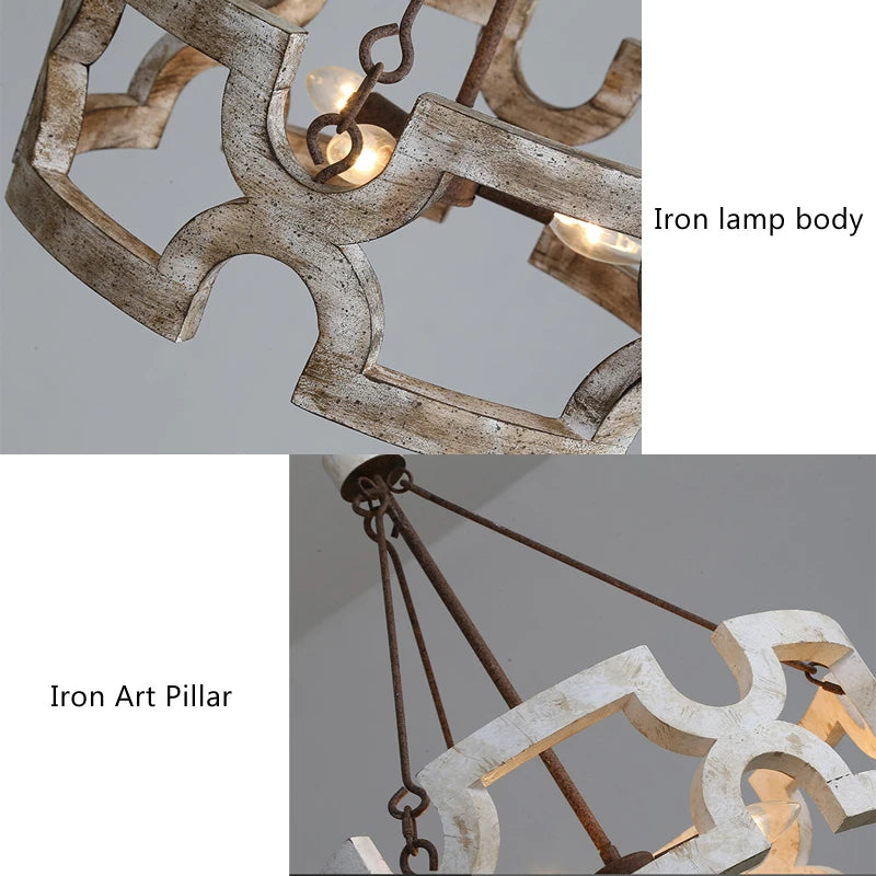 Lustre couronne en bois ajouré de 50 cm, 3 lumières E14 patinées