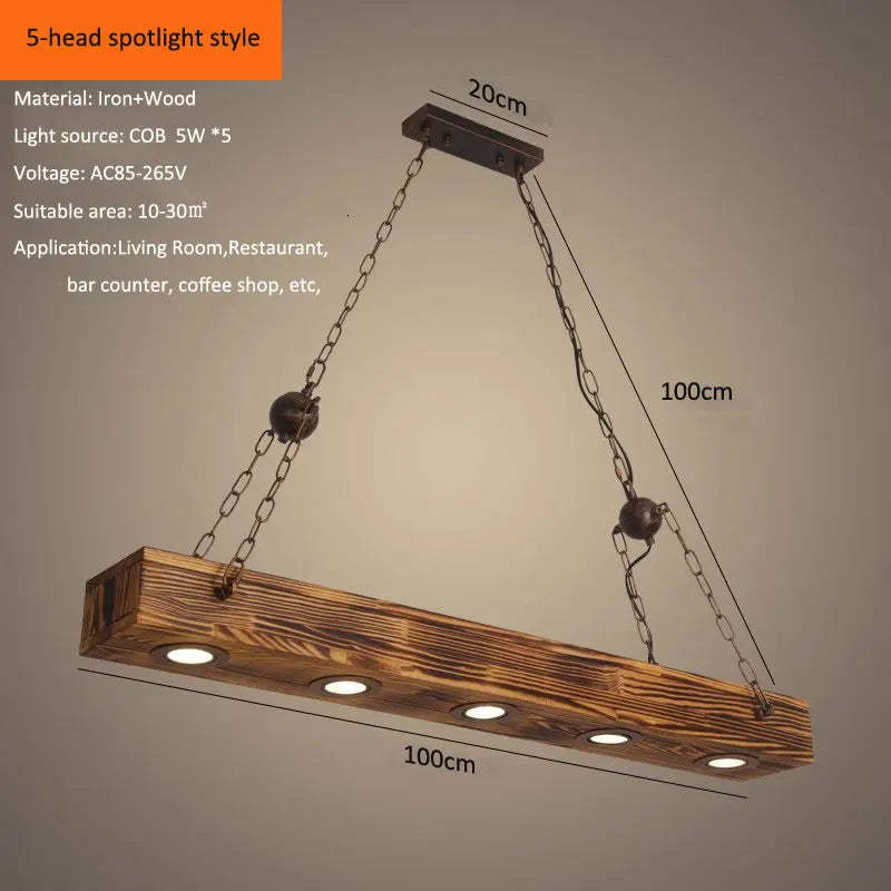 Lustre poutre en bois brûlé à spots LED, 4 ou 5 lumières, chaînes