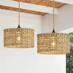 Suspension tambour en paille tressée, Ø 30 cm, rosace en bois