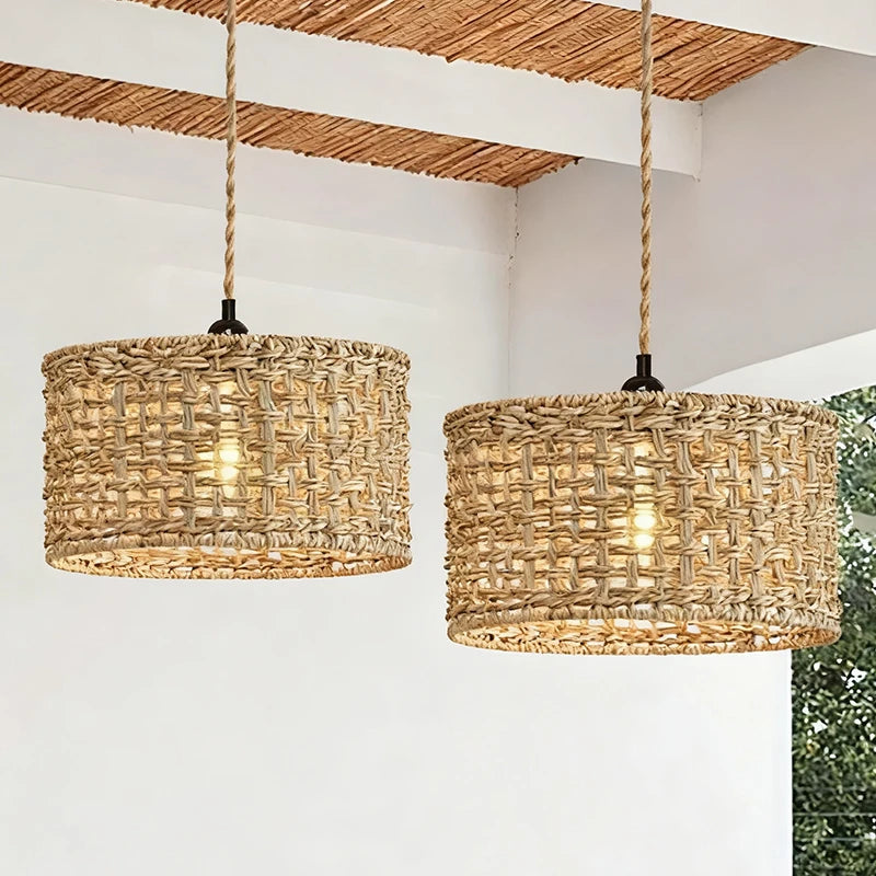 Suspension tambour en paille tressée, Ø 30 cm, rosace en bois
