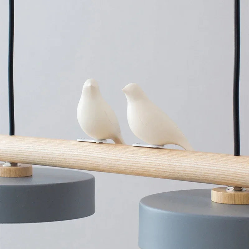 Suspension LED 3 disques sur barre façon bois et oiseaux, 80 cm