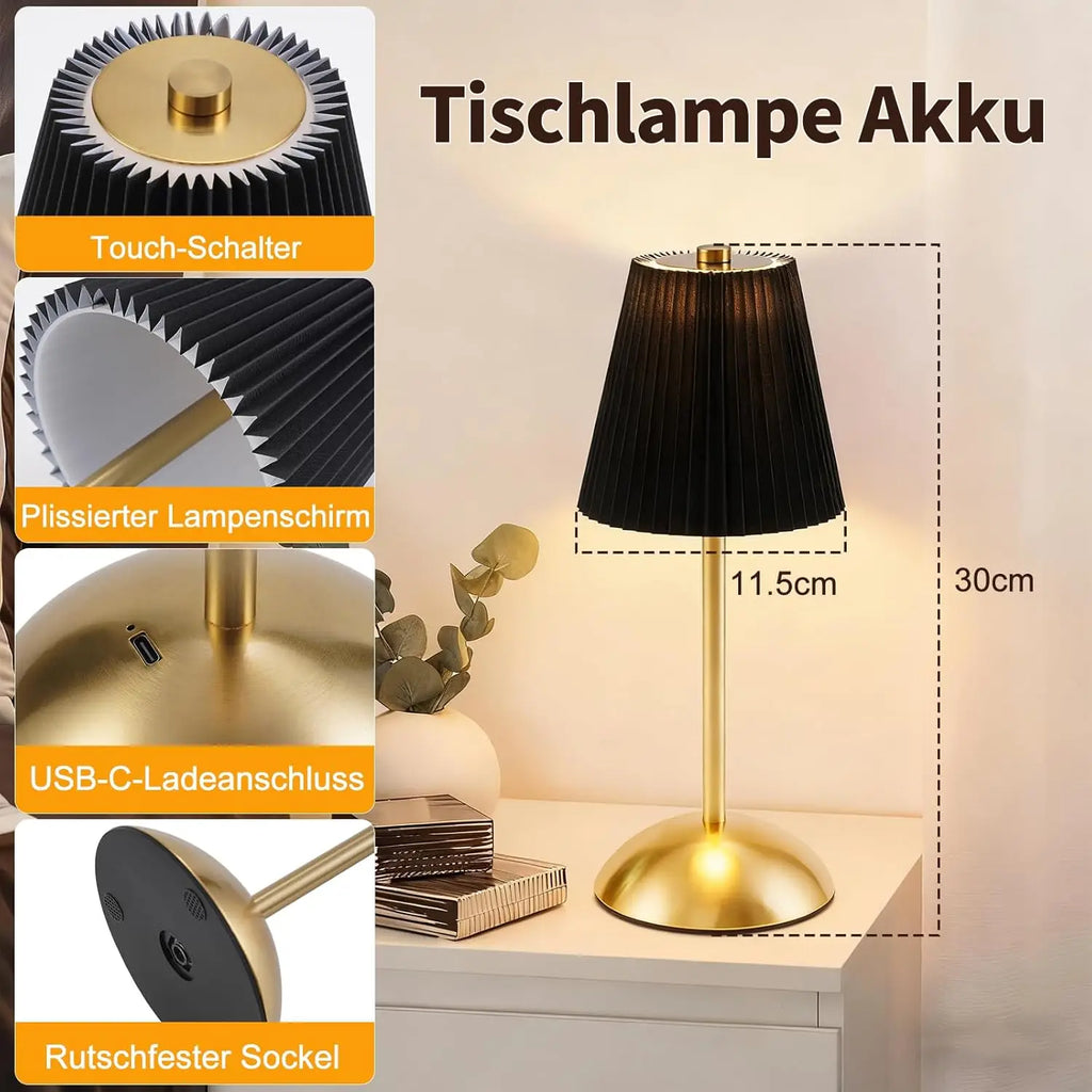 Lot de 2 lampes de table sans fil, abat-jour plissé et pied doré