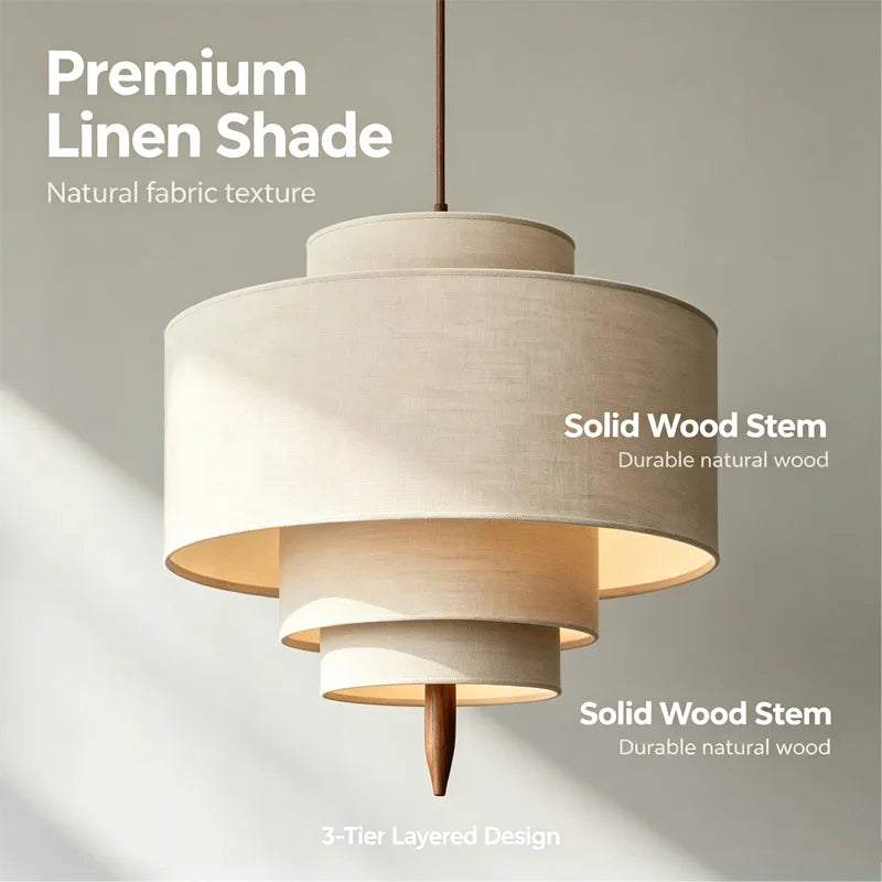 Suspension en lin à trois étages et pointe en bois, Ø 40 à 60 cm