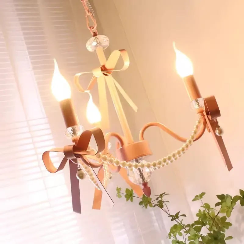 Lustre rose à nœuds et perles pour chambre de fille, 3 à 8 bougies