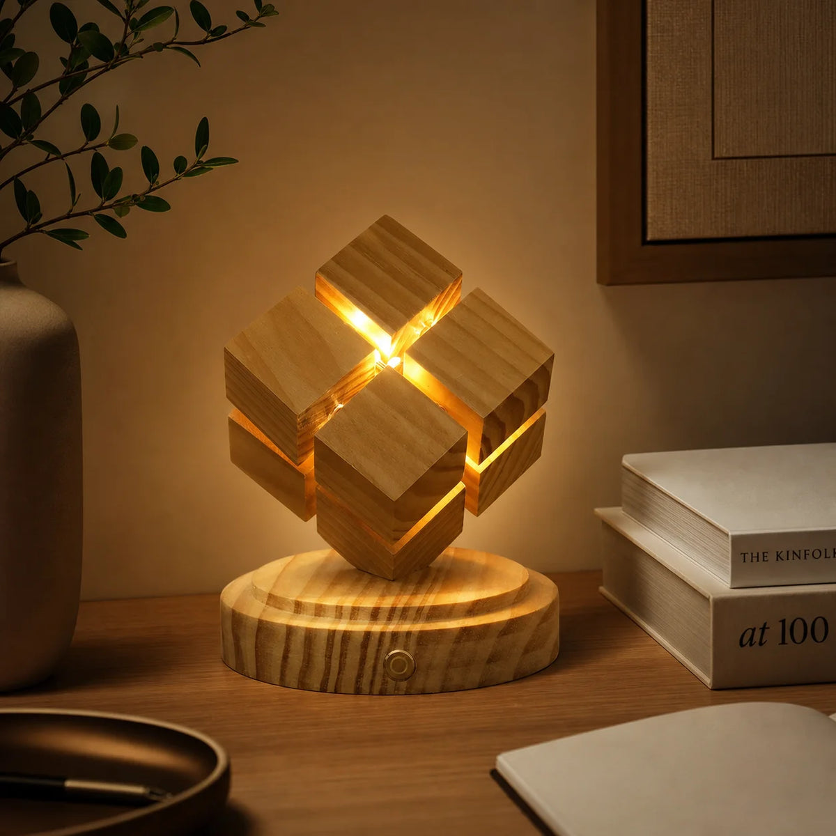 Lampe de chevet en blocs de bois, LED sans fil et commande tactile