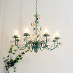 Lustre champêtre vert à fleurs en céramique et tulipes en verre