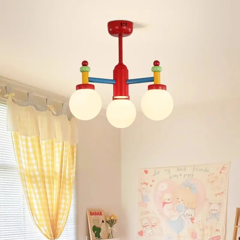 Lustre chambre d'enfant style Memphis, bras colorés et globes en verre