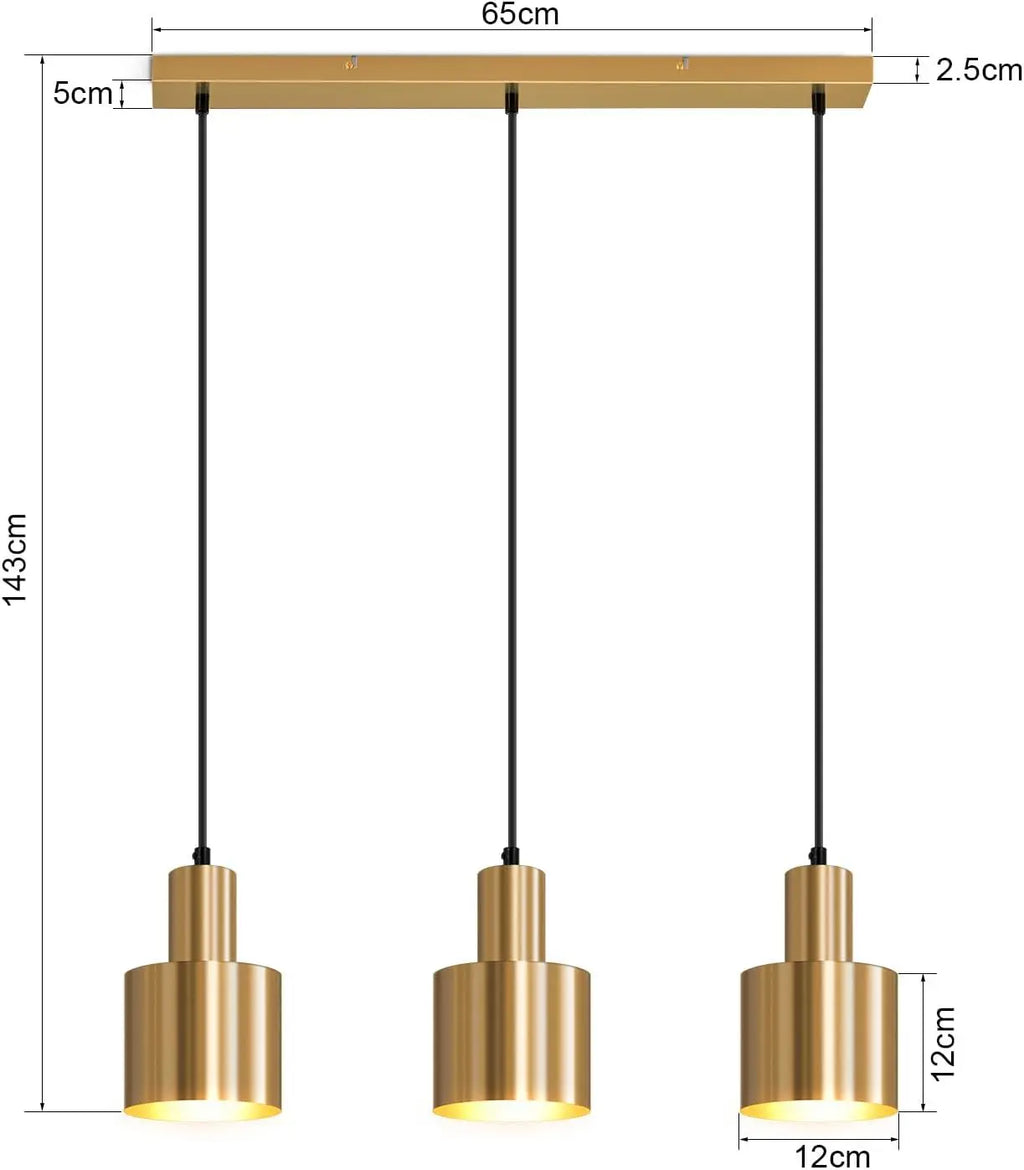 Suspension dorée 3 lampes sur barre de 65 cm, abat-jour cylindre E27