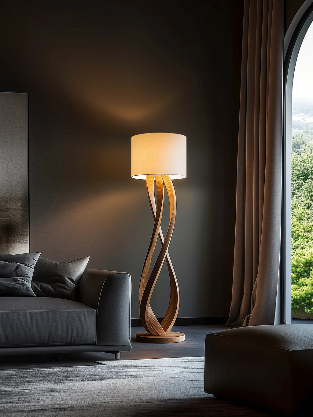 Lampadaire en bois massif sculpté, abat-jour tambour en tissu, 160 cm