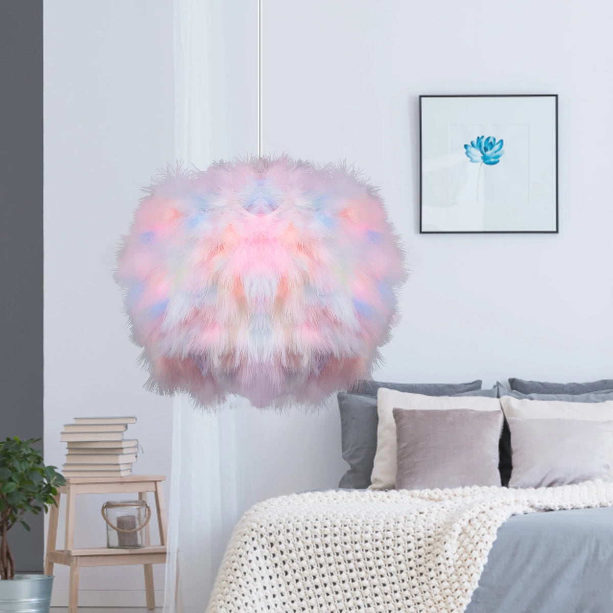 Lustre en plumes pastel multicolores, 5 formes de 15 à 35 cm, E27