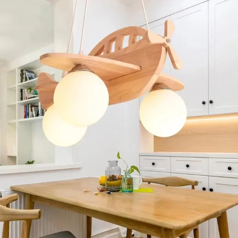 Lustre avion en bois pour chambre d'enfant, 3 globes en verre