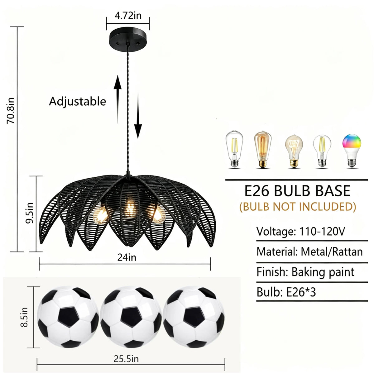 Blck-60cm / NO Bulb
