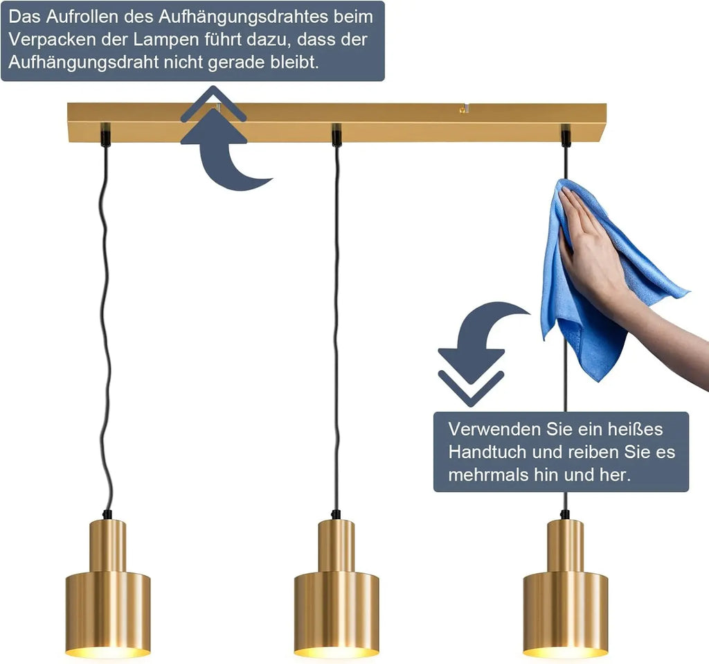 Suspension dorée 3 lampes sur barre de 65 cm, abat-jour cylindre E27