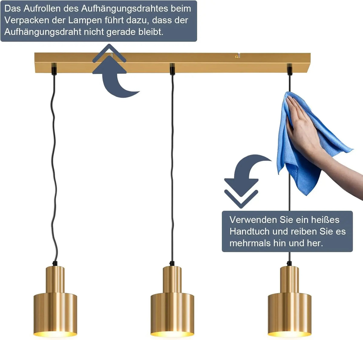 Suspension dorée 3 lampes sur barre de 65 cm, abat-jour cylindre E27