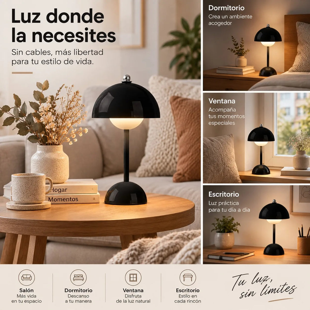 Lampe de table sans fil champignon laquée, 30 cm, rétro