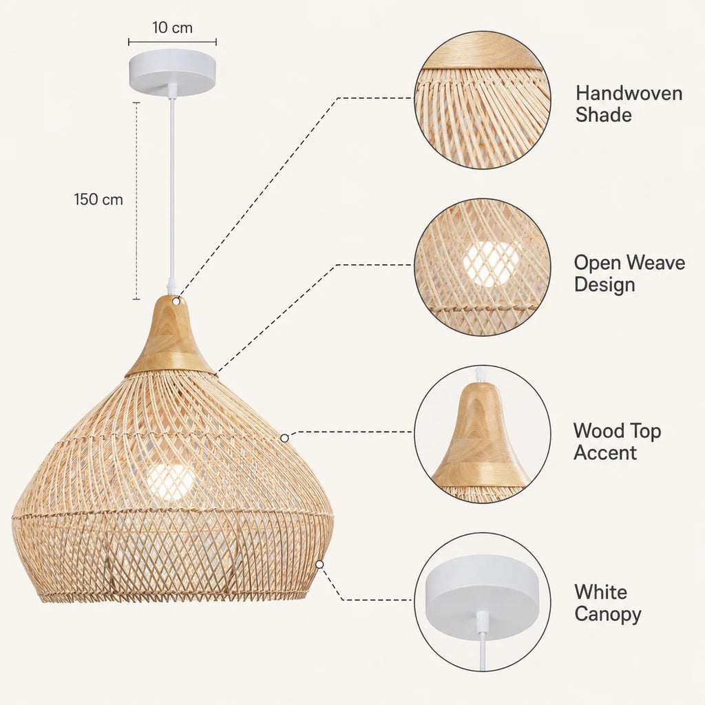 Suspension bulbe en rotin, coiffe en bois et câble blanc de 150 cm