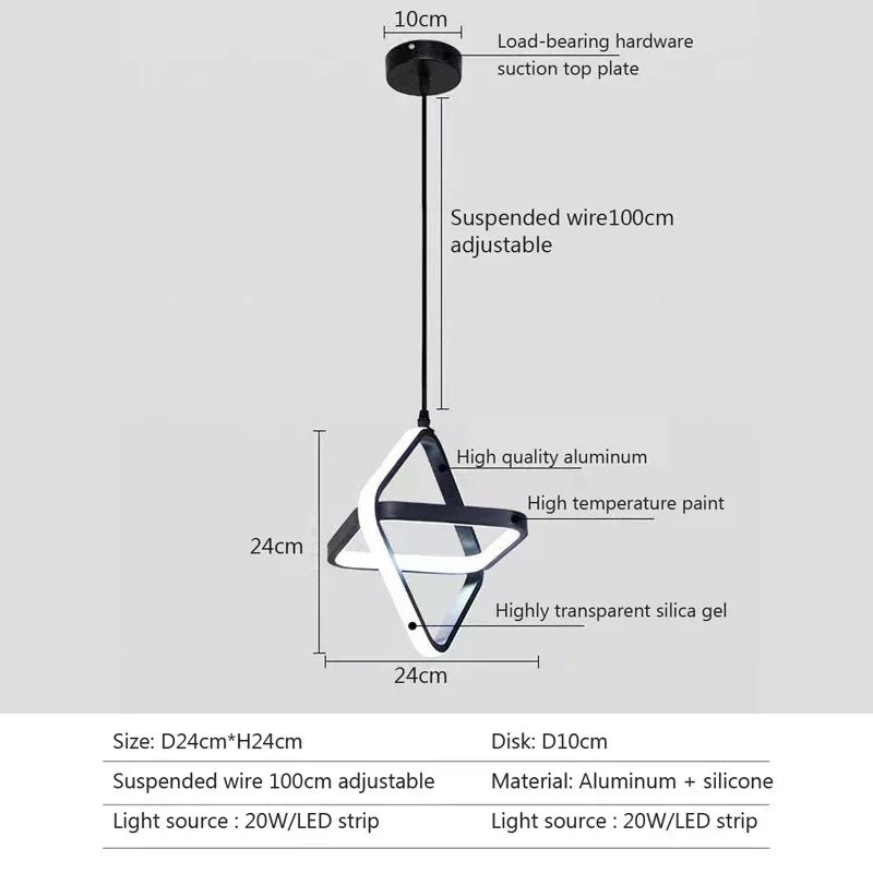 Lustre LED noir à anneaux croisés, 1 ou 3 lumières suspendues