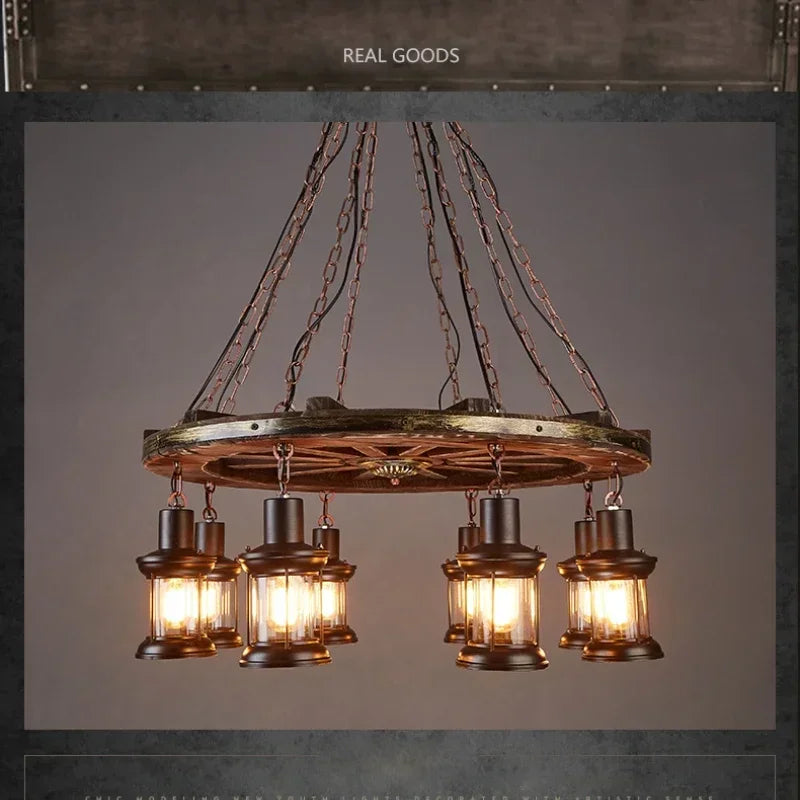 Lustre roue de charrette en bois à lanternes, 1 à 8 lumières E27