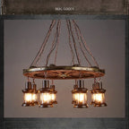 Lustre roue de charrette en bois à lanternes, 1 à 8 lumières E27