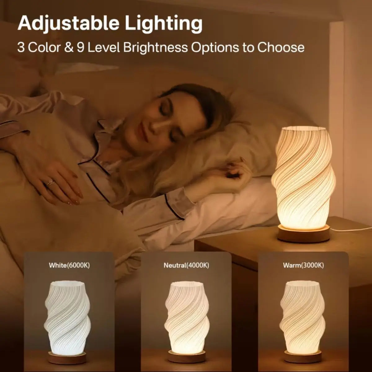 Lampe de chevet imprimée en 3D sur socle bois, trois formes