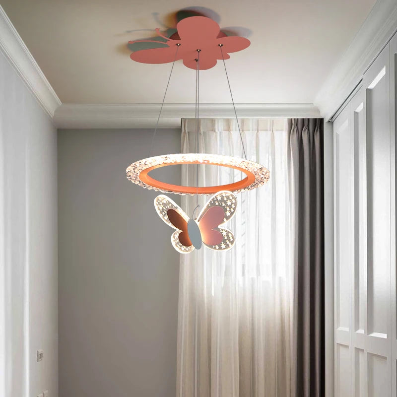 Lustre LED à anneau et papillons pour chambre de fille, rose ou blanc