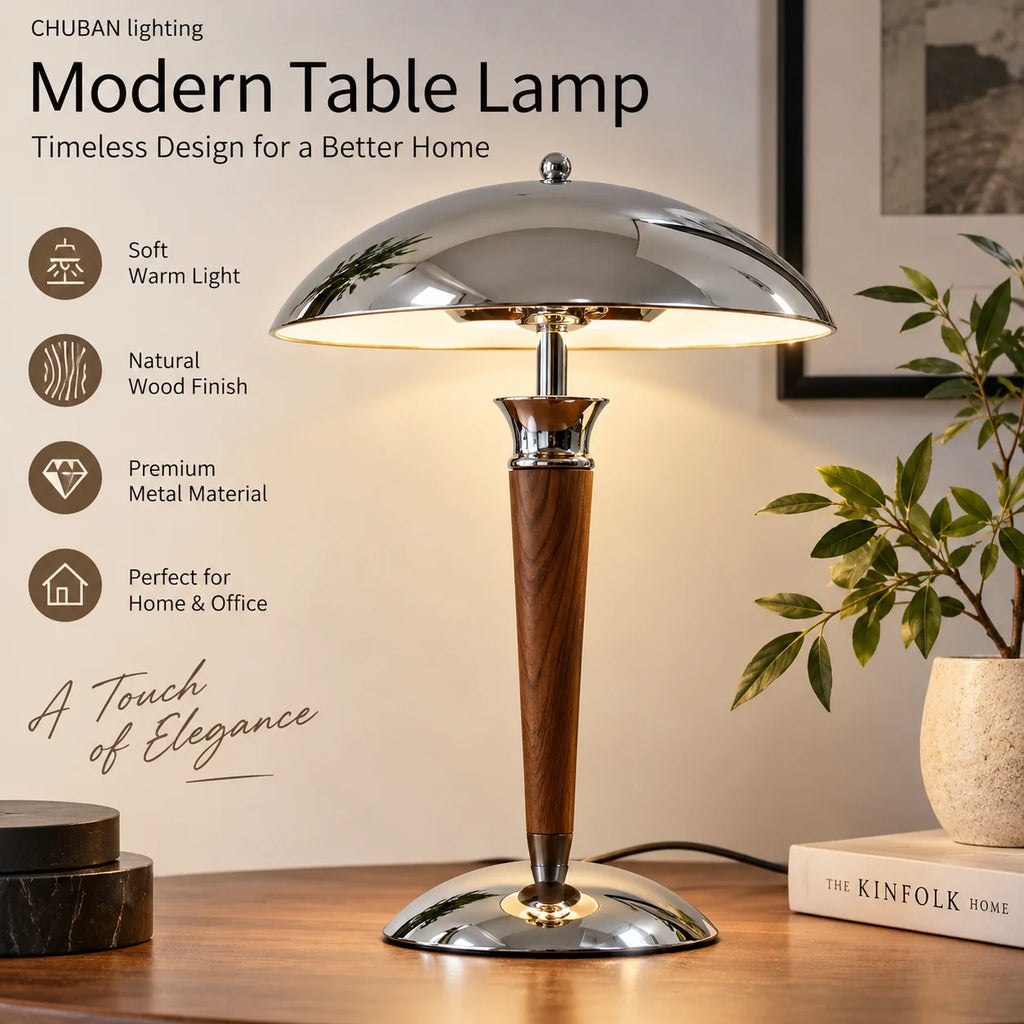 Lampe de bureau champignon chromée, fût en bois et douille E14
