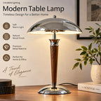 Lampe de bureau champignon chromée, fût en bois et douille E14