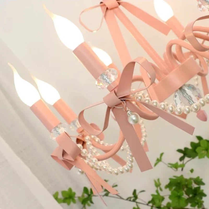 Lustre rose à nœuds et perles pour chambre de fille, 3 à 8 bougies
