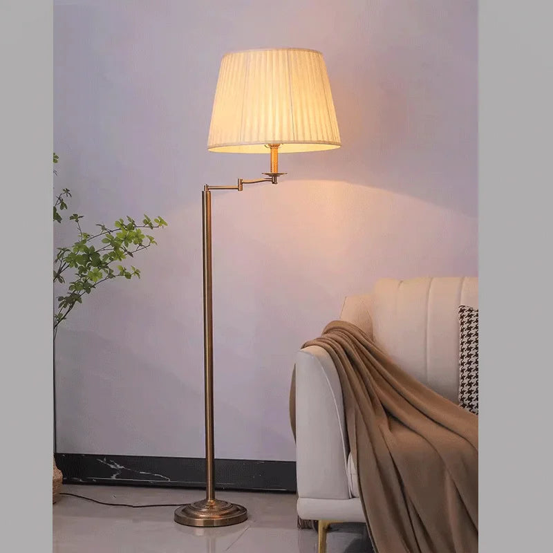 Lampadaire liseuse rétro bronze à bras pivotant, abat-jour plissé