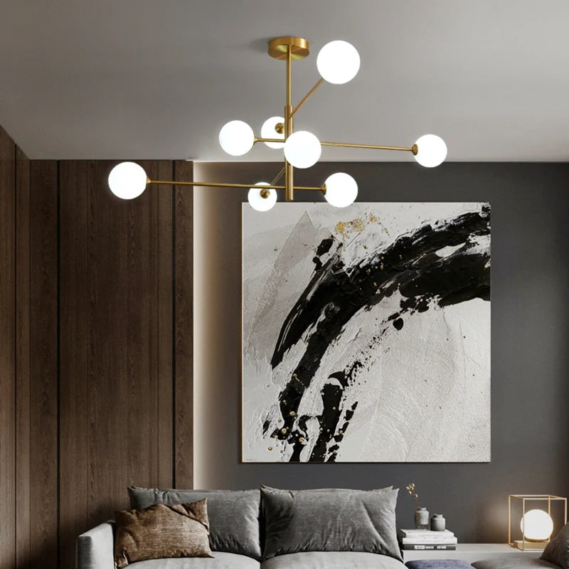 Lustre à globes opalins sur tige rigide, 6 ou 8 globes, noir ou doré
