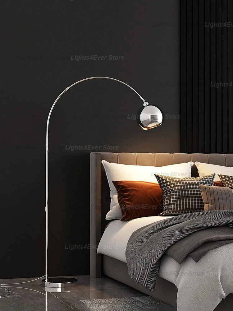 Lampadaire arc boule chromée, dorée ou noire, hauteur réglable
